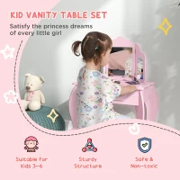 Qaba Kids Vanity Table and Stool, Makeup Vanity Girls Dressing Table Set with Tri-folding Mirrors Drawer Star and Heart Pattern, Pink(m-4)