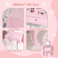 Qaba Kids Vanity Table and Stool, Makeup Vanity Girls Dressing Table Set with Tri-folding Mirrors Drawer Star and Heart Pattern, Pink(m-5)