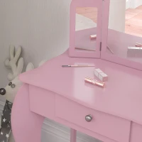 Qaba Kids Vanity Table and Stool, Makeup Vanity Girls Dressing Table Set with Tri-folding Mirrors Drawer Star and Heart Pattern, Pink(m-9)