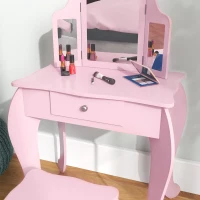 Qaba Kids Vanity Table and Stool, Makeup Vanity Girls Dressing Table Set with Tri-folding Mirrors Drawer Star and Heart Pattern, Pink(m-7)