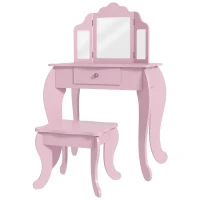 Qaba Kids Vanity Table and Stool, Makeup Vanity Girls Dressing Table Set with Tri-folding Mirrors Drawer Star and Heart Pattern, Pink(m-11)