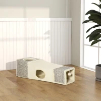 PawHut 39" Long Cat Tunnel, Plush Catio Outdoor Cat Enclosure with Two Caves and Hanging Ball, Cream White(m-10)
