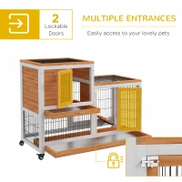 PawHut Wooden Rabbit Hutch, Indoor Bunny Cage with Wheels, Pull Out Trays, Run, Yellow(m-5)