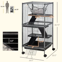 PawHut Metal Small Animal Cage Rolling Big Ferret Cage, Chinchilla Cage, Sugar Glider Cage, with Hammock & 4 Tiers, Removable Tray, Gray(m-3)