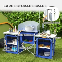 Outsunny Aluminum Camping Kitchen, Portable Folding Camping Table with Fabric Cupboards, Windshield, Bag for BBQ, Picnic, Blue(m-4)