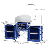 Outsunny Aluminum Camping Kitchen, Portable Folding Camping Table with Fabric Cupboards, Windshield, Bag for BBQ, Picnic, Blue(m-3)
