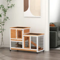 PawHut Wooden Rabbit Hutch, Indoor Bunny Cage with Wheels, Pull Out Trays, Run, Yellow(m-8)