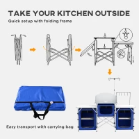 Outsunny Aluminum Camping Kitchen, Portable Folding Camping Table with Fabric Cupboards, Windshield, Bag for BBQ, Picnic, Blue(m-6)