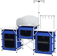 Outsunny Aluminum Camping Kitchen, Portable Folding Camping Table with Fabric Cupboards, Windshield, Bag for BBQ, Picnic, Blue(m-2)