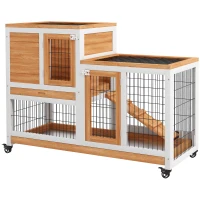 PawHut Wooden Rabbit Hutch, Indoor Bunny Cage with Wheels, Pull Out Trays, Run, Yellow(m-2)