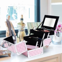 HOMCOM 3 Tier Diamond Texture Makeup Case Train Case Cosmetic Organizer with Mirror, Pink(m-9)