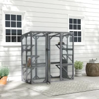 PawHut Large Wooden Catio Outdoor with 6 Jumping Platforms, Weatherproof Roof, for 1-3 Cats, 59" x 28" x 60", Gray(m-9)