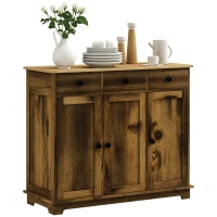 HOMCOM Kitchen Storage Cabinet, Sideboard Floor Cupboard with Solid Wood Top, Adjustable Shelf, and 3 Drawers, Brown(m-11)