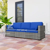 Outsunny 3-Seater Outdoor Sofa with Cushions, PE Rattan Conversation Patio Couch with Pillows for Garden, Poolside, Blue(m-3)