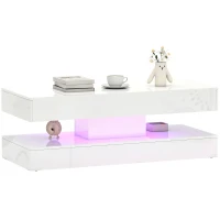 HOMCOM Coffee Table with Adjustable LED Lights, Modern Living Room Table with 2 Drawers, Open Shelf, Remote, High Gloss White(m-11)