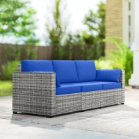 Outsunny 3-Seater Outdoor Sofa with Cushions, PE Rattan Conversation Patio Couch with Pillows for Garden, Poolside, Blue(m-10)