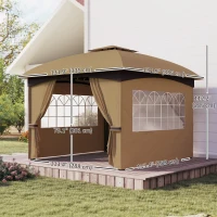 Outsunny 11' x 11' Outdoor Gazebo, Double Roof Patio Gazebo Canopy with Curtains, Church Windows, Galvanised Steel Frame, Beige(m-3)