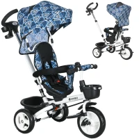 Qaba 6 in 1 Toddler Tricycle with Parent Push Handle, Canopy, Storage Baskets, Cupholder, Light Blue(m-11)