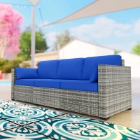 Outsunny 3-Seater Outdoor Sofa with Cushions, PE Rattan Conversation Patio Couch with Pillows for Garden, Poolside, Blue(m-9)