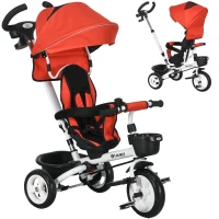 Qaba 6 in 1 Toddler Tricycle with Parent Push Handle, Canopy, Storage Baskets, Cupholder, Red(m-11)