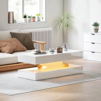 HOMCOM Coffee Table with Adjustable LED Lights, Modern Living Room Table with 2 Drawers, Open Shelf, Remote, High Gloss White(m-1)