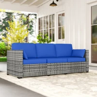 Outsunny 3-Seater Outdoor Sofa with Cushions, PE Rattan Conversation Patio Couch with Pillows for Garden, Poolside, Blue(m-7)