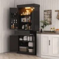 HOMCOM 71" Kitchen Pantry Cabinet with LED Lights, 6 Spice Racks, a Drawer and 4 Adjustable Shelves, Black(m-1)