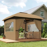 Outsunny 11' x 11' Outdoor Gazebo, Double Roof Patio Gazebo Canopy with Curtains, Church Windows, Galvanised Steel Frame, Beige(m-1)