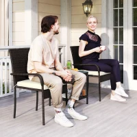 Outsunny 3 Piece Wicker Patio Furniture Set with Stackable Chairs, Washable Cushion, Tempered Glass Top, for Backyard, Brown(m-10)