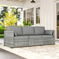 Outsunny Patio Couch PE Wicker Deep Seating Outdoor Sofa with Removable Cushions, 3 Seater Rattan Sofa, Outdoor Furniture for Balcony, Deck, Garden and Poolside, Gray(m-7)
