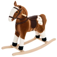 Qaba Kids Plush Toy Rocking Horse Pony Toddler Ride on Animal for Girls Pink Birthday Gifts with Realistic Sounds, Brown(m-11)