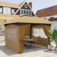 Outsunny 11' x 11' Outdoor Gazebo, Double Roof Patio Gazebo with Curtains, Church Windows, Galvanized Steel Frame, Beige(m-8)