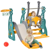 Qaba 4 in 1 Toddler Swing and Slide Set, Kids Slide for Aged 1.5-3 with Climber, Ultra-Safety, Basketball Hoop, Baby Playground Set, Fun Indoor/Outdoor Playset Exercise Toy
