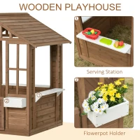 Outsunny Kids Wooden Playhouse, Outdoor Garden Games Cottage with Flowers Pot Holder, Working Door, Windows, Brown(m-5)