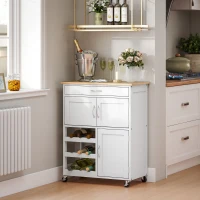 HOMCOM Rolling Kitchen Cart, Kitchen Island with Storage Drawer, 9-bottle Wine Rack, Door Cabinets, Wooden Countertop, White(m-10)