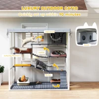PawHut Large Outdoor Catio Cat Enclosure with Hammock, Condo, Jump Platforms, Ladders, Ramps, Tarp, for 2-4 Large Cats, Gray(m-4)
