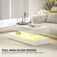 HOMCOM Coffee Table with Adjustable LED Lights, Modern Living Room Table with 2 Drawers, Open Shelf, Remote, High Gloss White(m-6)