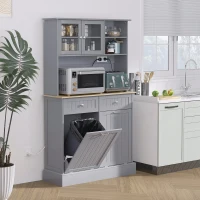 HOMCOM Kitchen Cabinet with Charging Station, 2 Tilt Out Cabinets, Microwave Stand, Freestanding Kitchen Pantry Cabinet, Grey(m-1)