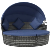 Outsunny 4 Pieces Outdoor Daybed with Retractable Canopy, Wicker Round Sofa Day Bed, Conversation Furniture Set, Dark Blue(m-2)