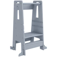 Qaba Height Adjustable Toddler Tower w/ Safety Rail, Handlbar, for Bathroom, Kitchen, Gray(m-11)