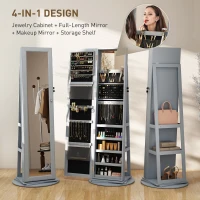 HOMCOM 360° Swivel Jewelry Armoire, Lockable Jewelry Cabinet with Full-Length Mirror, Storage Shelves, Gray(m-4)