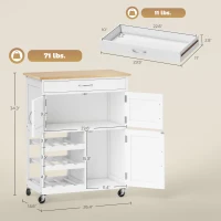 HOMCOM Rolling Kitchen Cart, Kitchen Island with Storage Drawer, 9-bottle Wine Rack, Door Cabinets, Wooden Countertop, White(m-3)