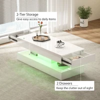 HOMCOM Coffee Table with Adjustable LED Lights, Modern Living Room Table with 2 Drawers, Open Shelf, Remote, High Gloss White(m-5)