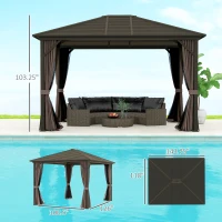 Outsunny 10' x 12' Hardtop Gazebo with Curtains and Netting, Gazebo Canopy with Aluminum Frame and Hooks, Coffee(m-3)