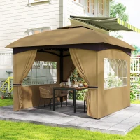 Outsunny 11' x 11' Outdoor Gazebo, Double Roof Patio Gazebo with Curtains, Church Windows, Galvanized Steel Frame, Beige(m-10)