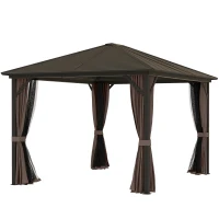 Outsunny 10' x 12' Hardtop Gazebo with Curtains and Netting, Gazebo Canopy with Aluminum Frame and Hooks, Coffee(m-1)
