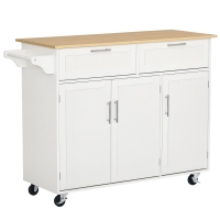 HOMCOM Mobile Kitchen Island with Storage, Kitchen Cart with Wood Top, Storage Drawers, 3-door Cabinets, Adjustable Shelves and Towel Rack, White