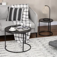 HOMCOM Round Nesting Coffee Table Set of 2, Stacking Modern Accent Tables with Faux Marble Tabletop and Metal Frame for Living Room, Black(m-7)