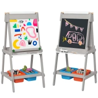 Qaba Easel for Kids, Art Easel w/ Paper Roll, Double Sided Whiteboard & Chalkboard with 2 Storage Boxes(m-11)