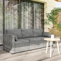 Outsunny Patio Couch PE Wicker Deep Seating Outdoor Sofa with Removable Cushions, 3 Seater Rattan Sofa, Outdoor Furniture for Balcony, Deck, Garden and Poolside, Gray(m-2)